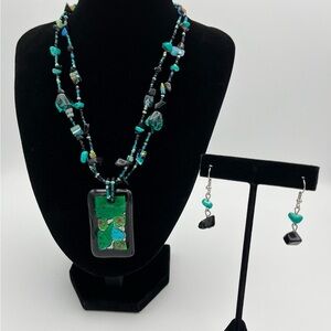 Handmade Turquoise & Black Beaded Jewelry Set – Fused Glass Pendant & Dangle Ear